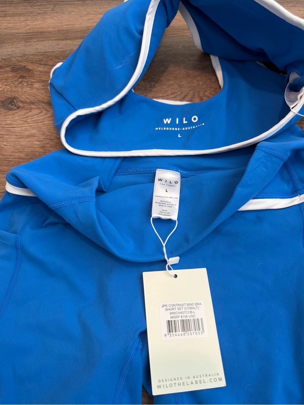 NWT Wilo The Label Active Set Sports Bra Biker Shorts Cobalt Blue White Large - Picture 7 of 7